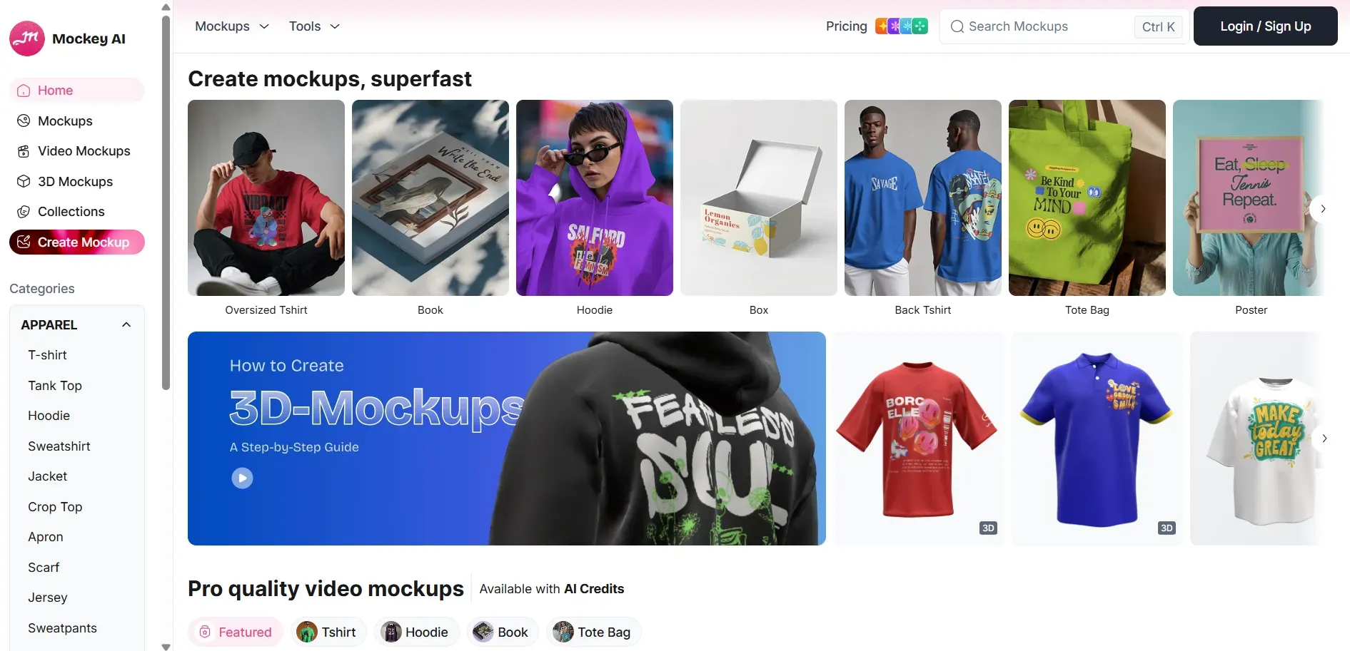 Mockey AI dashboard with apparel mockup templates and 3D mockup banner